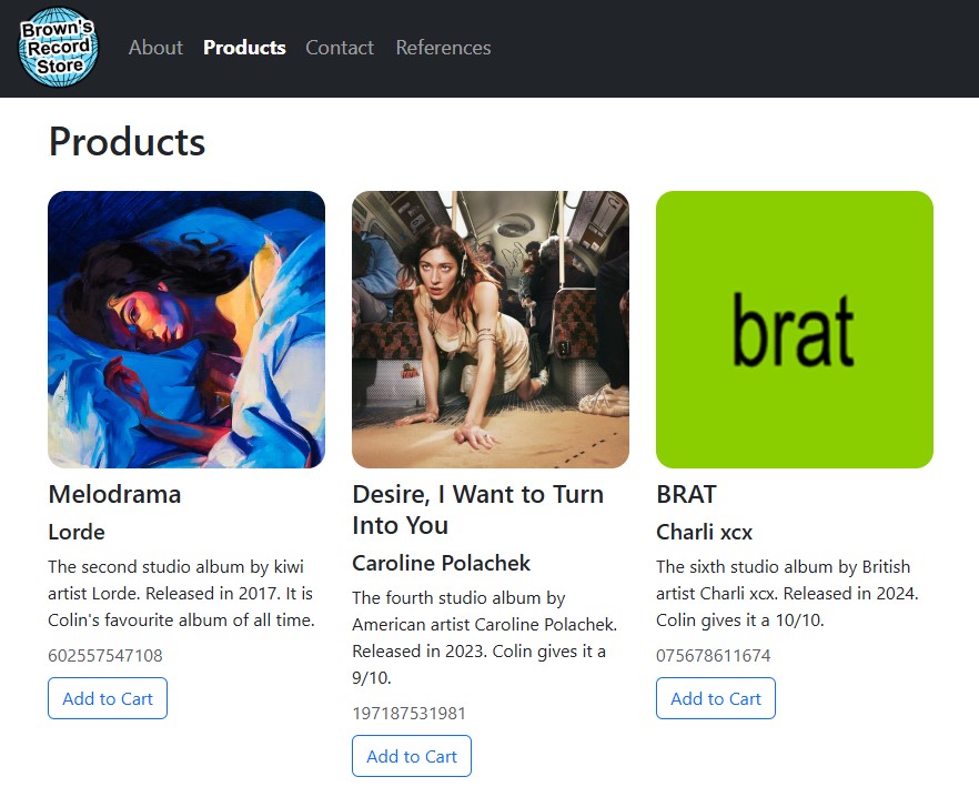 Products section of business website